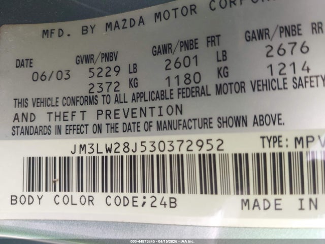 44873845 :رقم المزاد ، JM3LW28J530372952 vin ، 2003 Mazda Mpv Es/lx/lx-sv مزاد بيع