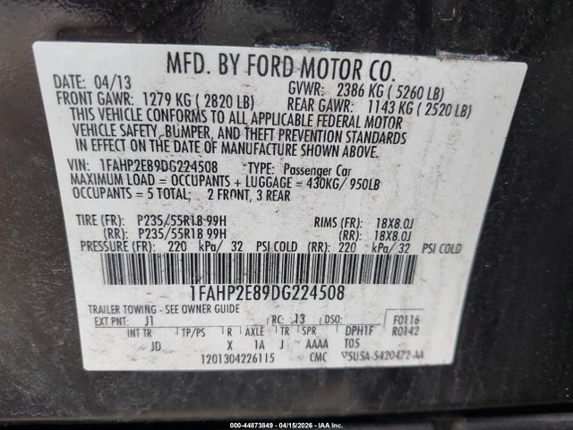 2013 Ford Taurus Sel მანქანა იყიდება აუქციონზე, vin: 1FAHP2E89DG224508, აუქციონის ნომერი: 44873849