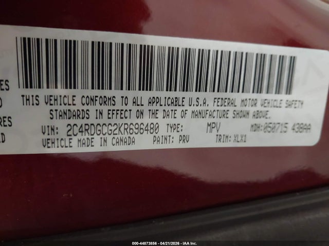 Продаж на аукціоні авто 2019 Dodge Grand Caravan Sxt, vin: 2C4RDGCG2KR696480, номер лоту: 44873856