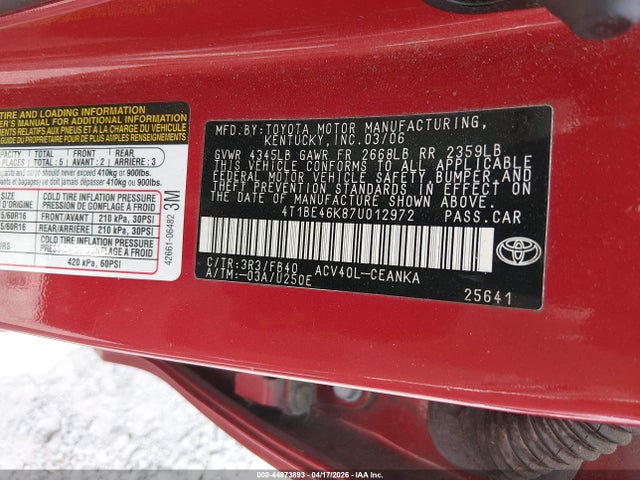 Продажа на аукционе авто 2007 Toyota Camry Le, vin: 4T1BE46K87U012972, номер лота: 44873893