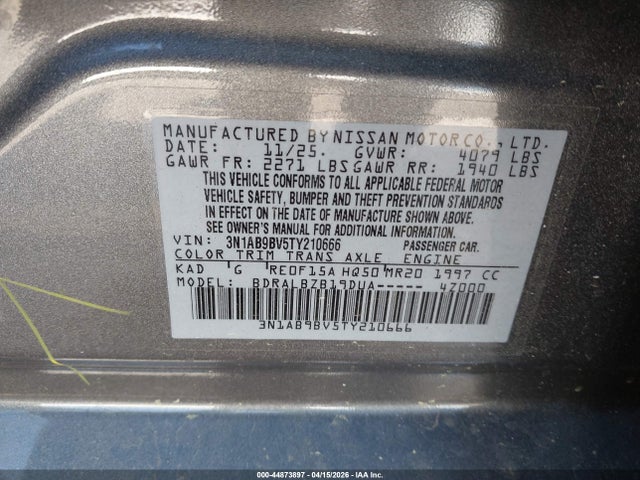 2026 Nissan Sentra S მანქანა იყიდება აუქციონზე, vin: 3N1AB9BV5TY210666, აუქციონის ნომერი: 44873897