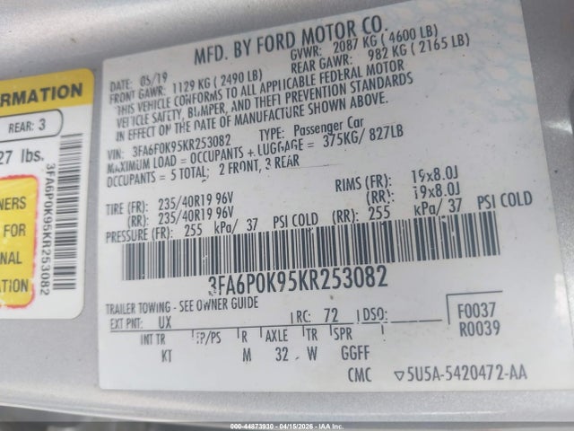 Aukcja sprzedaży 2019 Ford Fusion Titanium, vin: 3FA6P0K95KR253082, numer aukcji: 44873930