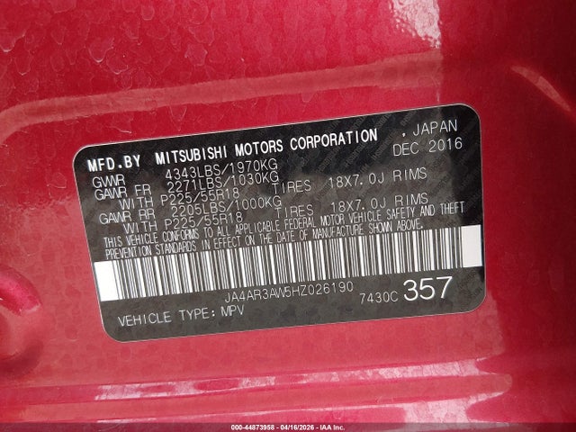 JA4AR3AW5HZ026190 Mitsubishi Outlander Sport 2.4 Se
