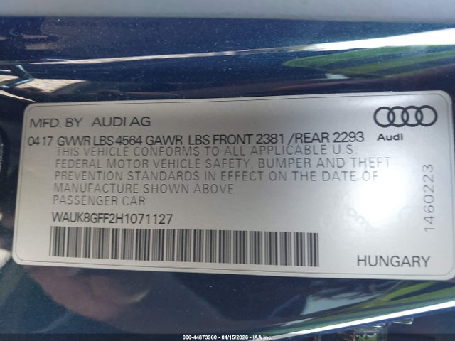 44873960 :رقم المزاد ، WAUK8GFF2H1071127 vin ، 2017 Audi A3 2.0t Premium مزاد بيع