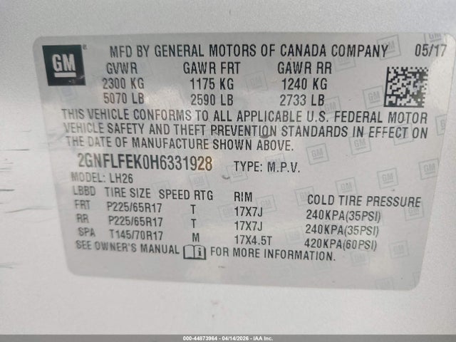 44873964 :رقم المزاد ، 2GNFLFEK0H6331928 vin ، 2017 Chevrolet Equinox Lt مزاد بيع