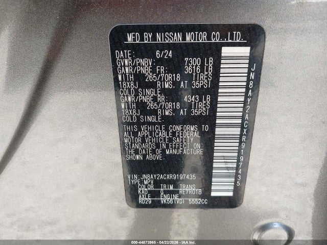 44873965 :رقم المزاد ، JN8AY2ACXR9197435 vin ، 2024 Nissan Armada Sv 2wd مزاد بيع