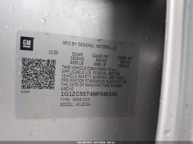 Aukcja sprzedaży 2021 Chevrolet Malibu Fwd 1fl, vin: 1G1ZC5ST4MF040340, numer aukcji: 44873974