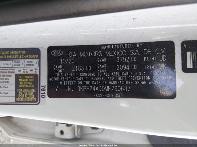 Auction sale of the 2021 Kia Forte Lxs, vin: 3KPF24AD0ME290637, lot number: 44873981