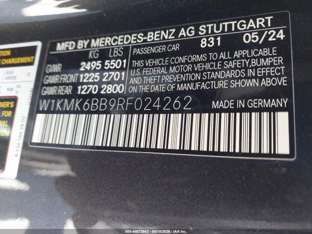 44873982 :رقم المزاد ، W1KMK6BB9RF024262 vin ، 2024 Mercedes-benz Cle 450 4matic مزاد بيع