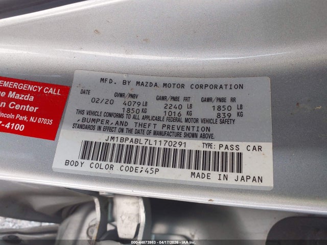 Aukcja sprzedaży 2020 Mazda Mazda3, vin: JM1BPABL7L1170291, numer aukcji: 44873983