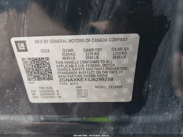 2018 Chevrolet Equinox Lt მანქანა იყიდება აუქციონზე, vin: 2GNAXKEX5J6299258, აუქციონის ნომერი: 44873986