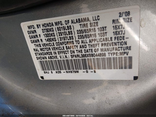 Aukcja sprzedaży 2008 Honda Odyssey Ex-l, vin: 5FNRL386X8B044898, numer aukcji: 44873989