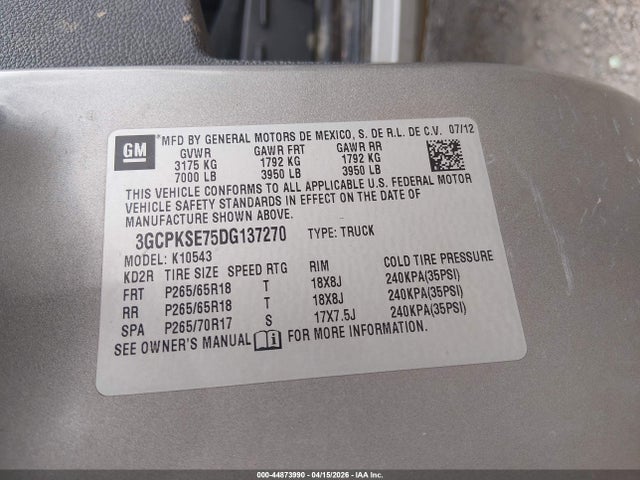 Aukcja sprzedaży 2013 Chevrolet Silverado 1500 Lt, vin: 3GCPKSE75DG137270, numer aukcji: 44873990