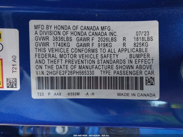 2HGFE2F26PH565330 Honda Civic Lx