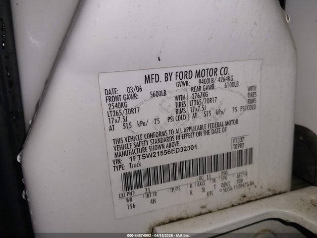 Продаж на аукціоні авто 2006 Ford F-250 Lariat/xl/xlt, vin: 1FTSW21556ED32301, номер лоту: 44874002