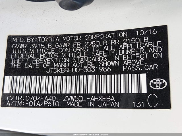 Toyota Prius Two 2017 JTDKBRFU0H3031986 Image 9
