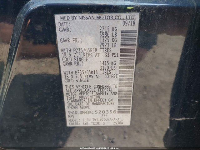2019 Infiniti Qx60 Luxe მანქანა იყიდება აუქციონზე, vin: 5N1DL0MM3KC520356, აუქციონის ნომერი: 44874019