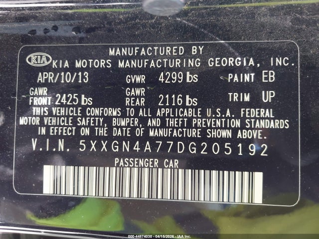 Продажа на аукционе авто 2013 Kia Optima Ex, vin: 5XXGN4A77DG205192, номер лота: 44874030
