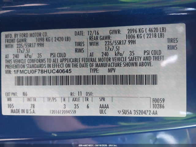 Ford ESCAPE S 2017 1FMCU0F78HUC40645 Image 9