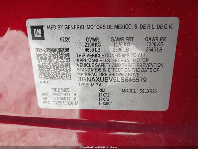 Aukcja sprzedaży 2020 Chevrolet Equinox Awd Lt 1.5l Turbo, vin: 3GNAXUEV5LS645579, numer aukcji: 44874043