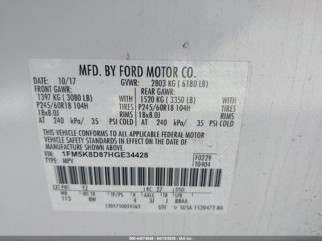 44874046 :رقم المزاد ، 1FM5K8D87HGE34428 vin ، 2017 Ford Explorer Xlt مزاد بيع