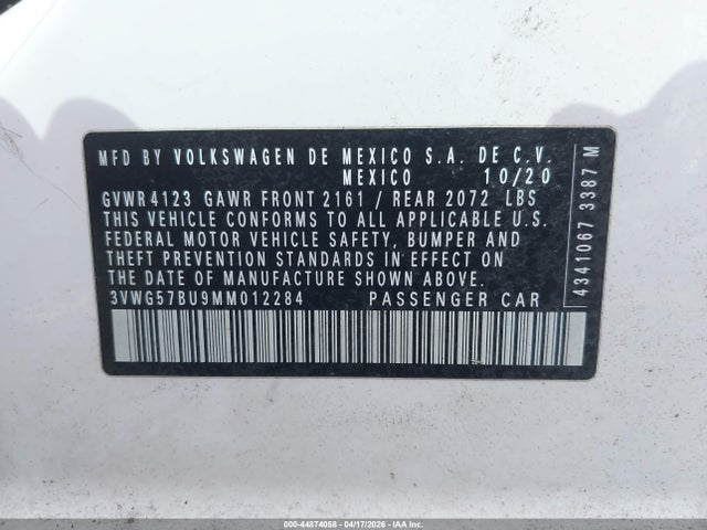 Продаж на аукціоні авто 2021 Volkswagen Jetta 1.4t Sel Premium, vin: 3VWG57BU9MM012284, номер лоту: 44874058