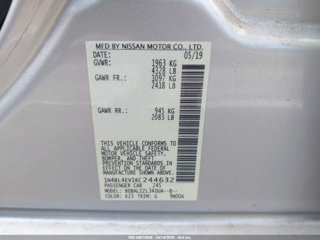 Aukcja sprzedaży 2019 Nissan Altima 2.5 Sl, vin: 1N4BL4EV1KC244632, numer aukcji: 44874059
