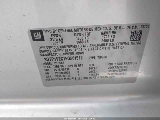 Aukcja sprzedaży 2014 Gmc Sierra 1500 Slt, vin: 3GTP1VEC1EG501512, numer aukcji: 44874066