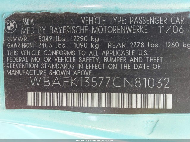 2007 BMW 650I WBAEK13577CN81032 Photo 8