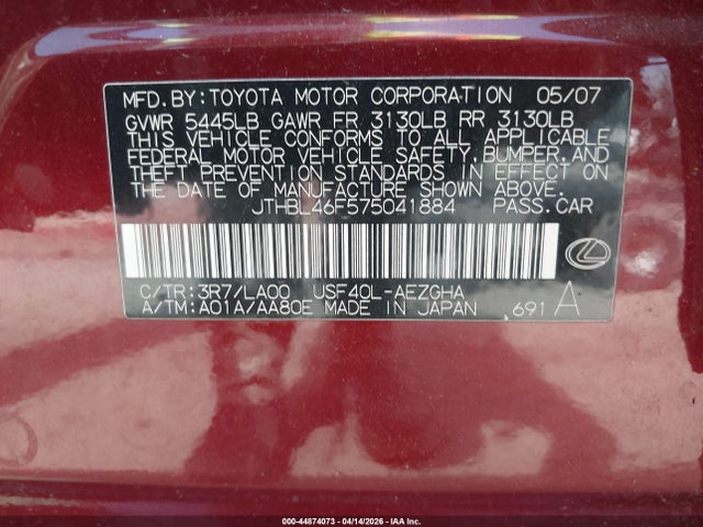 44874073 :رقم المزاد ، JTHBL46F575041884 vin ، 2007 Lexus Ls 460 مزاد بيع