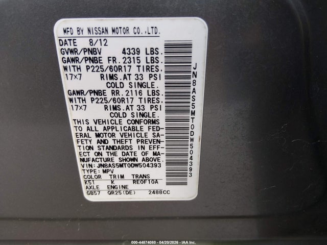 Aukcja sprzedaży 2013 Nissan Rogue Sv, vin: JN8AS5MT0DW504393, numer aukcji: 44874080