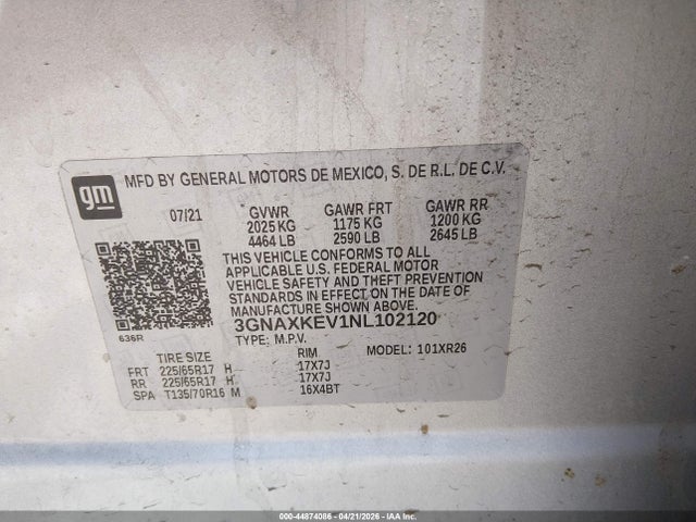 Aukcja sprzedaży 2022 Chevrolet Equinox Fwd Lt, vin: 3GNAXKEV1NL102120, numer aukcji: 44874086