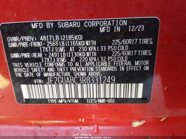 Продаж на аукціоні авто 2024 Subaru Crosstrek, vin: JF2GUABC3R8331249, номер лоту: 44874089