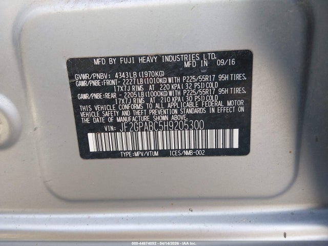 Aukcja sprzedaży 2017 Subaru Crosstrek 2.0i Premium, vin: JF2GPABC5H9205300, numer aukcji: 44874092