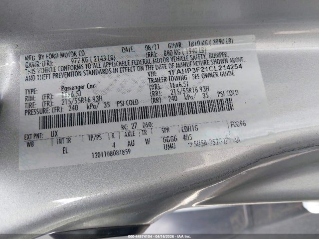 2012 Ford Focus Se მანქანა იყიდება აუქციონზე, vin: 1FAHP3F21CL214254, აუქციონის ნომერი: 44874104