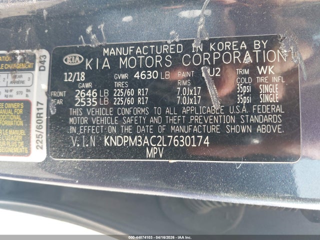 Продажа на аукционе авто 2020 Kia Sportage Lx, vin: KNDPM3AC2L7630174, номер лота: 44874103