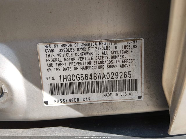 Aukcja sprzedaży 1998 Honda Accord Lx, vin: 1HGCG5648WA029265, numer aukcji: 44874105