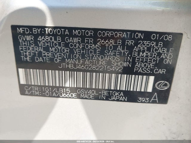 44874124 :رقم المزاد ، JTHBJ46G282215492 vin ، 2008 Lexus Es 350 مزاد بيع