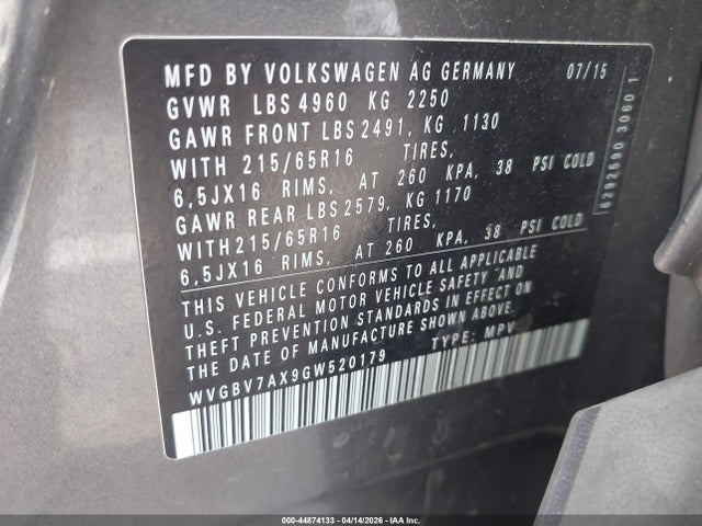Продаж на аукціоні авто 2016 Volkswagen Tiguan S, vin: WVGBV7AX9GW520179, номер лоту: 44874133