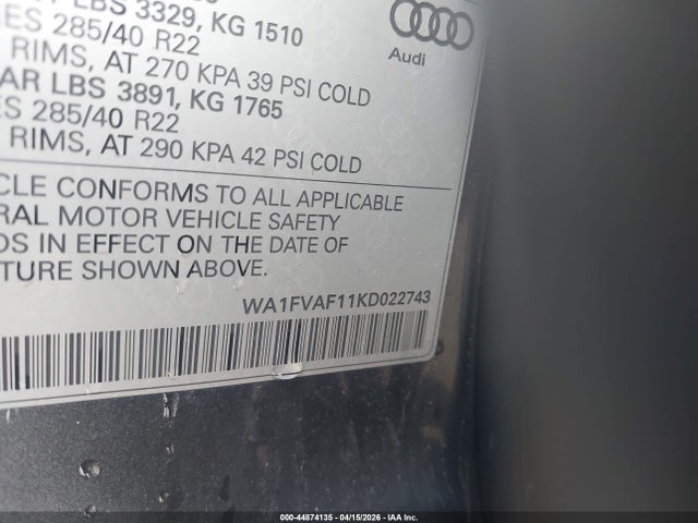 2019 Audi Q8 55 Premium მანქანა იყიდება აუქციონზე, vin: WA1FVAF11KD022743, აუქციონის ნომერი: 44874135