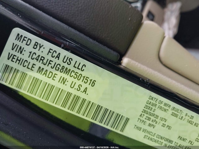 44874137 :رقم المزاد ، 1C4RJFJG8MC501516 vin ، 2021 Jeep Grand Cherokee Summit 4x4 مزاد بيع