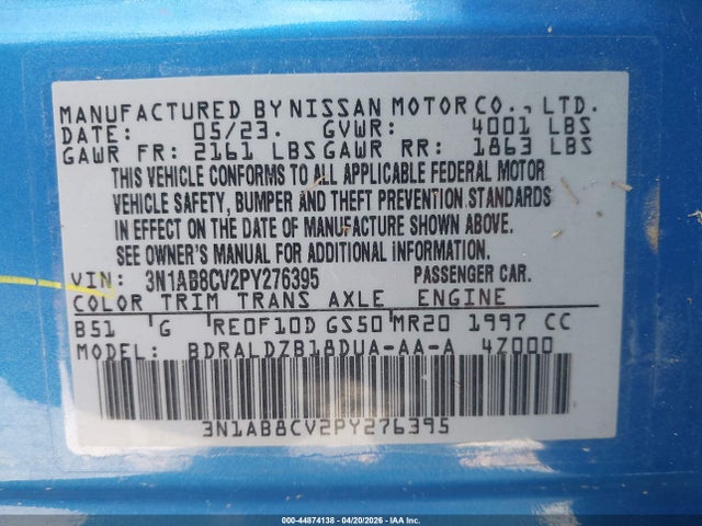 Aukcja sprzedaży 2023 Nissan Sentra Sv Xtronic Cvt, vin: 3N1AB8CV2PY276395, numer aukcji: 44874138