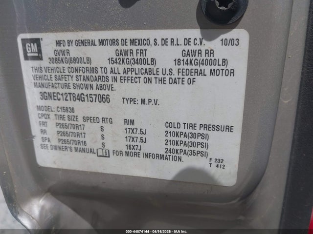 44874144 :رقم المزاد ، 3GNEC12T84G157066 vin ، 2004 Chevrolet Avalanche 1500 مزاد بيع
