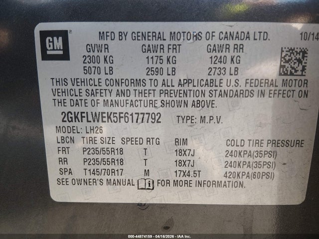 Aukcja sprzedaży 2015 Gmc Terrain Sle-2, vin: 2GKFLWEK5F6177792, numer aukcji: 44874159