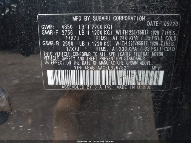 Продаж на аукціоні авто 2020 Subaru Outback, vin: 4S4BTAAC5L3267521, номер лоту: 44874161