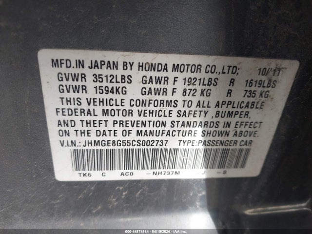 44874164 :رقم المزاد ، JHMGE8G55CS002737 vin ، 2012 Honda Fit Sport مزاد بيع