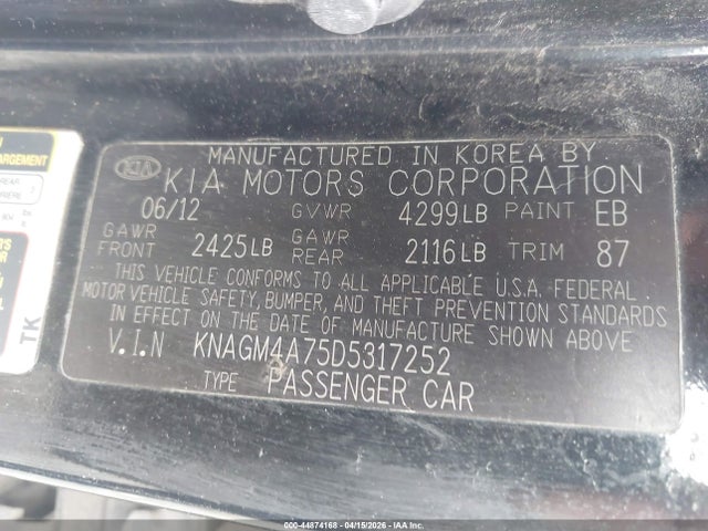 Продажа на аукционе авто 2013 Kia Optima Lx, vin: KNAGM4A75D5317252, номер лота: 44874168