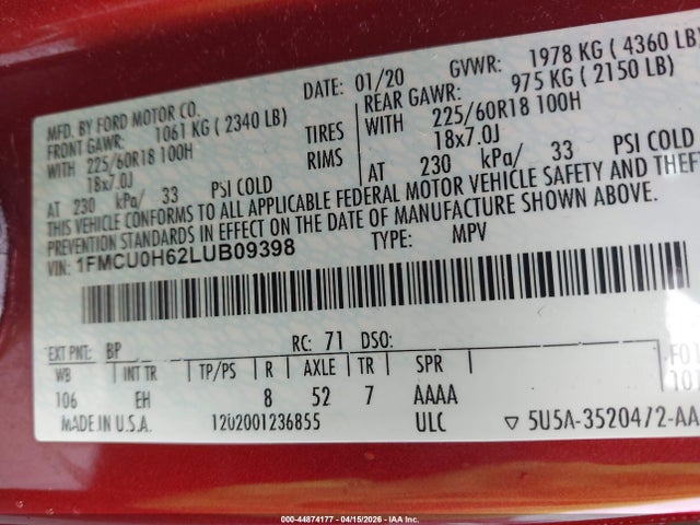 44874177 :رقم المزاد ، 1FMCU0H62LUB09398 vin ، 2020 Ford Escape Sel مزاد بيع