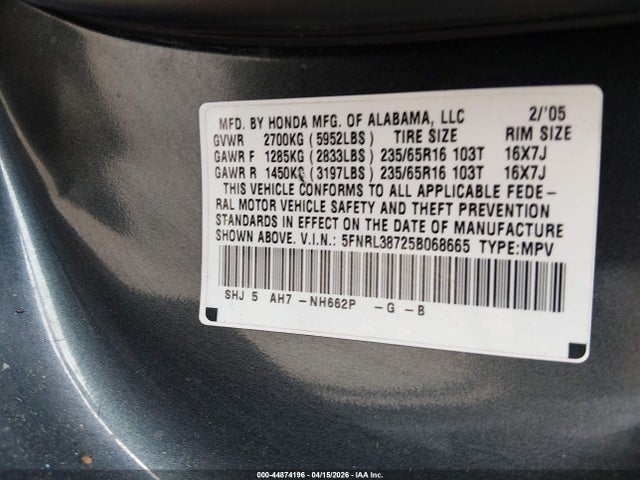 Aukcja sprzedaży 2005 Honda Odyssey Ex-l, vin: 5FNRL38725B068665, numer aukcji: 44874196