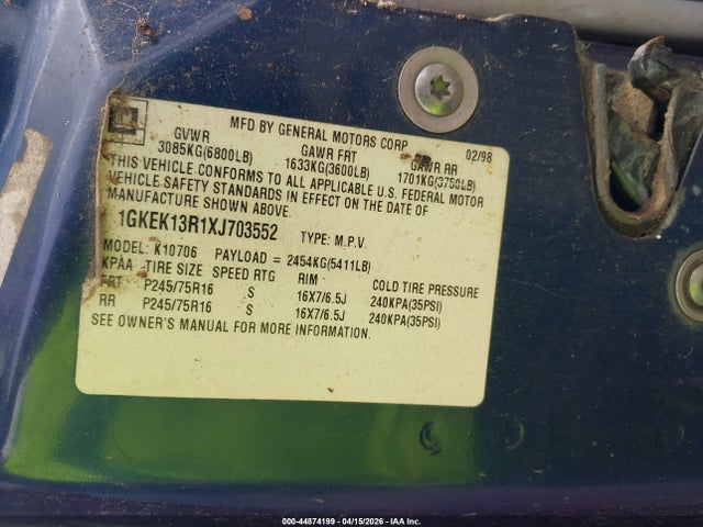 Aukcja sprzedaży 1999 Gmc Yukon Sle, vin: 1GKEK13R1XJ703552, numer aukcji: 44874199